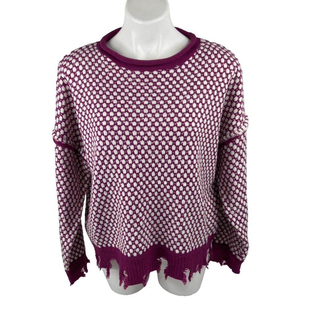 Eesome Women Medium Sweater Plum White Distressed Casual NWT